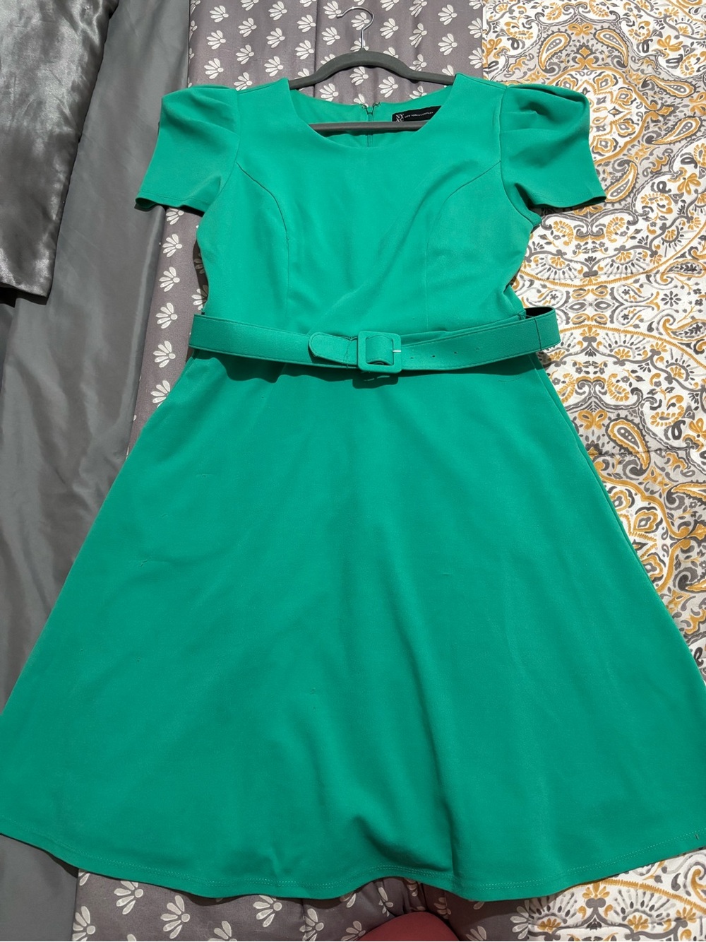 New York & Company Emerald Green Belted Fit-and-Flare Dress